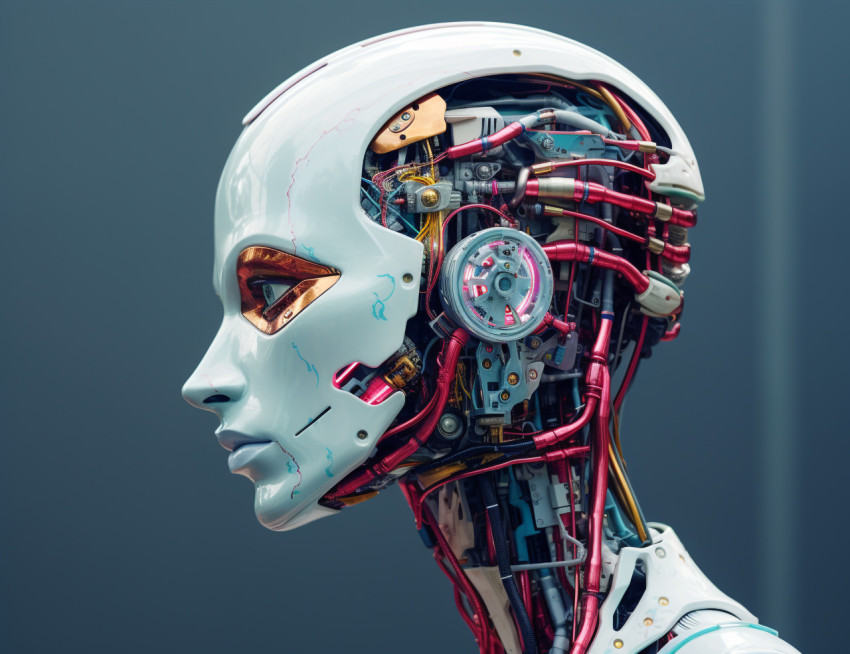 A blue 3D computer image of a female robot head, tilted to one s A blue 3D computer image of a female robot head, tilted to one s