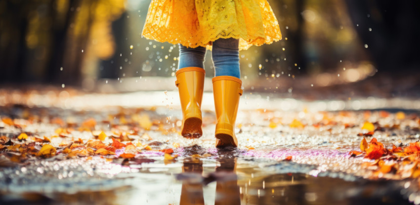 Girl playing with a rainbow umbrella and white rain boots in a rainy puddle Girl playing with a rainbow umbrella and white rain boots in a rainy puddle