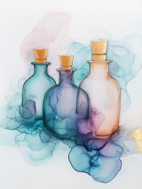 Mystic potion bottles blending into soft ink gradients Mystic potion bottles blending into soft ink gradients