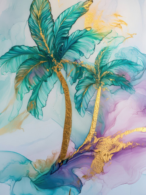 Palm trees swaying in swirling jade and gold Palm trees swaying in swirling jade and gold