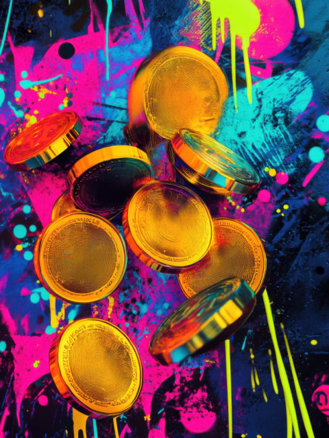 Gold coins bursting from stylized tags in bold Gold coins bursting from stylized tags in bold