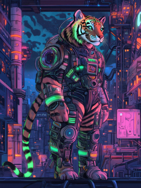Cybernetic tiger with glowing neon stripes stands in a high tech world Cybernetic tiger with glowing neon stripes stands in a high tech world