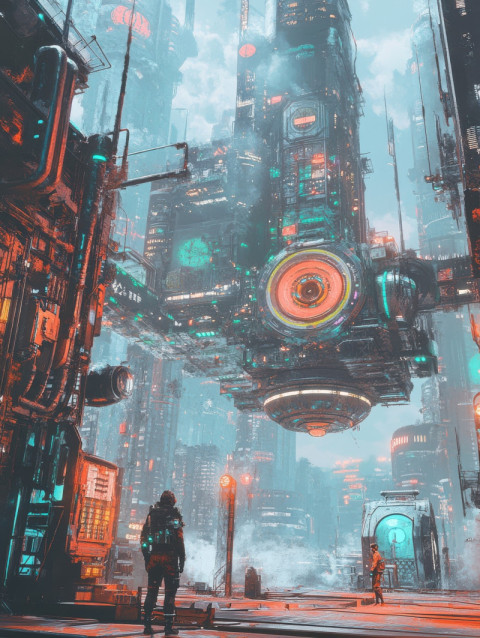 Retro futuristic floating city with glowing towers and flying cars Retro futuristic floating city with glowing towers and flying cars