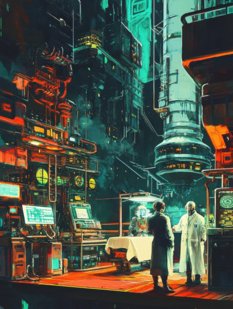 Neon lit cybernetic surgery lab filled with robotic arms and glowing monitors Neon lit cybernetic surgery lab filled with robotic arms and glowing monitors