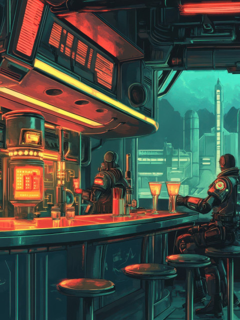 Jet age diner with glowing drinks and chrome furniture Jet age diner with glowing drinks and chrome furniture