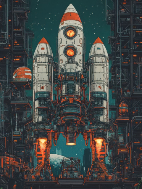 Giant robotic arms assemble rockets in a high tech factory Giant robotic arms assemble rockets in a high tech factory