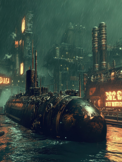 A stormy shore with an abandoned submarine A stormy shore with an abandoned submarine