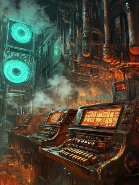 A smoky office with brass cash registers A smoky office with brass cash registers