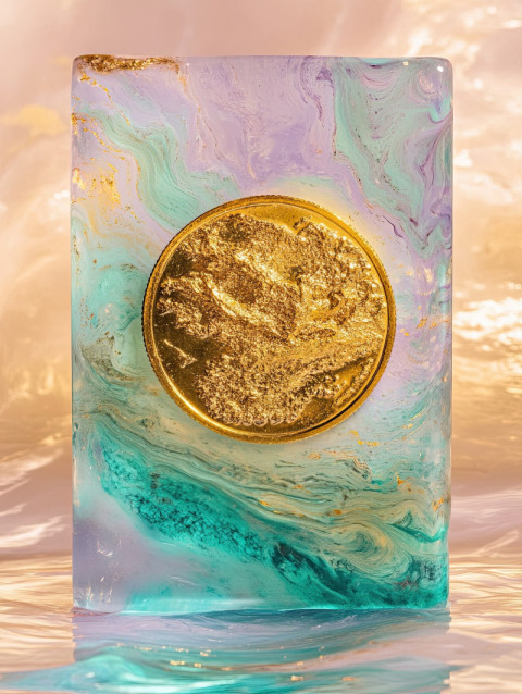 A resin coated golden coin with shimmer A resin coated golden coin with shimmer