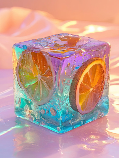A resin ice cube with fruit slices inside A resin ice cube with fruit slices inside