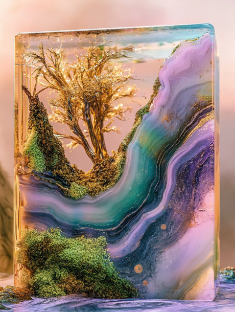 A resin river with moss and wood A resin river with moss and wood