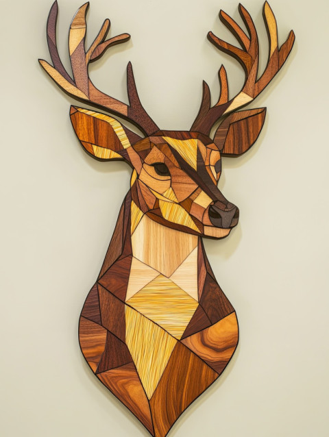 A deer crafted with intricate marquetry wood inlays A deer crafted with intricate marquetry wood inlays