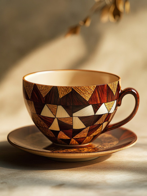A teacup with swirling marquetry wood inlays A teacup with swirling marquetry wood inlays