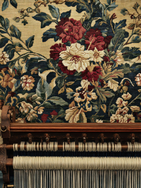 Looms and gears in a woven textile design Looms and gears in a woven textile design