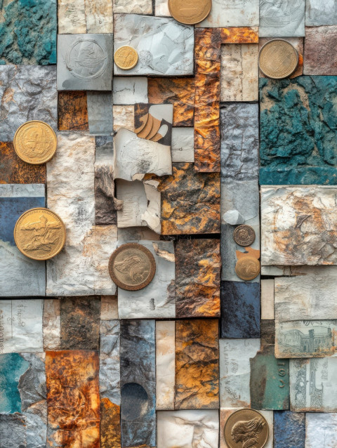 A collage of old coins and paper currencies A collage of old coins and paper currencies