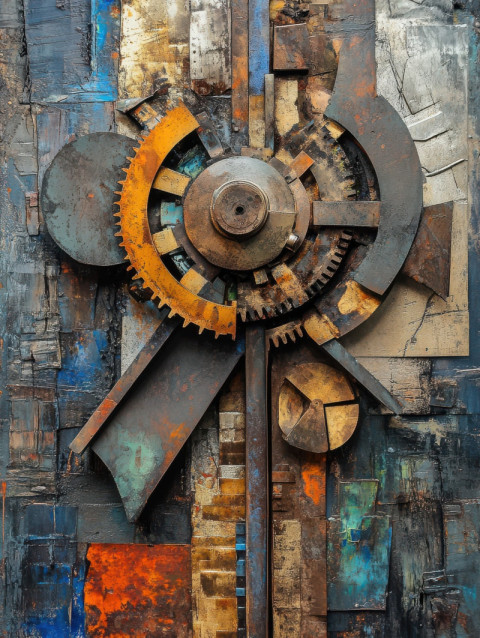 A metal cog wheel fused with welded metal scraps A metal cog wheel fused with welded metal scraps