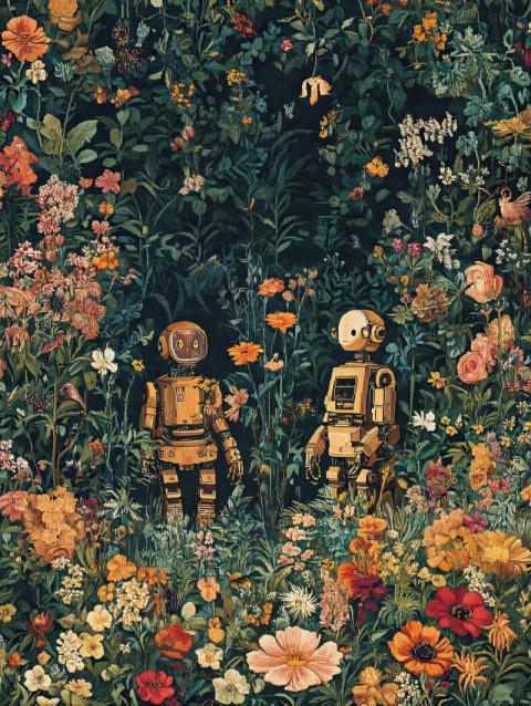 Advanced robots working in a lush floral laboratory
