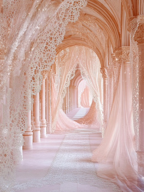A pathway lined with lace covered archways A pathway lined with lace covered archways