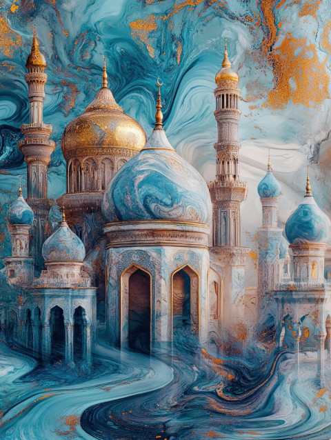 A temple with marbled domes and curved structures featuring intricate ebru patterns