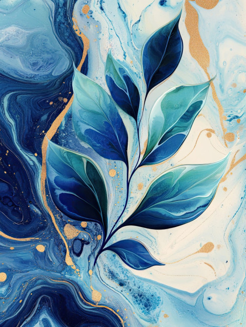 A herbal plant with marbled leaf veins in striking ebru style A herbal plant with marbled leaf veins in striking ebru style