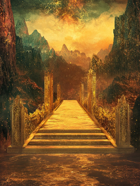A golden pathway leads to distant mountains A golden pathway leads to distant mountains
