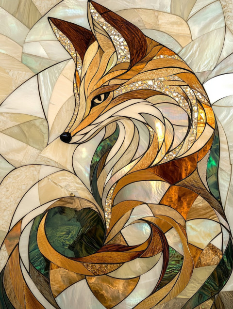A curled fox with shimmering mother of pearl fur inlay