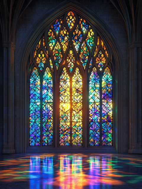 Gothic cathedral window glowing with vibrant stained glass colors