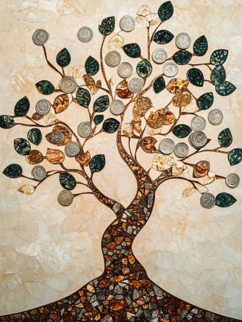 A money tree with silver coin inlays shimmering on its leaves