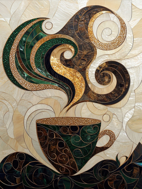 A steaming cup adorned with golden swirling inlays