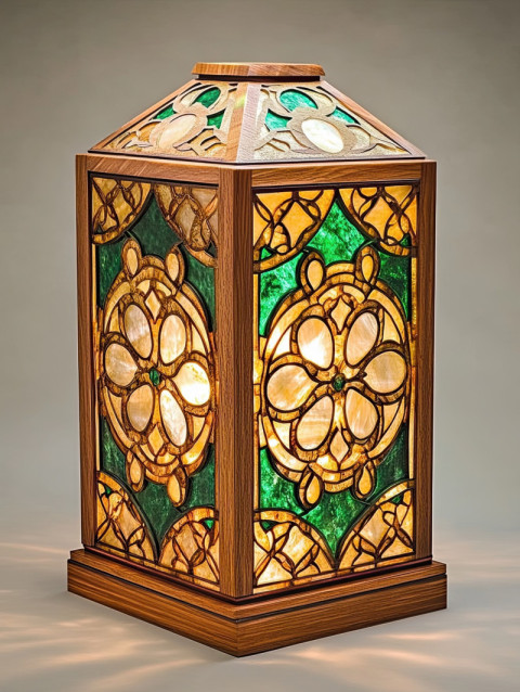 A glowing lantern with intricate gemstone inlays casting a soft light