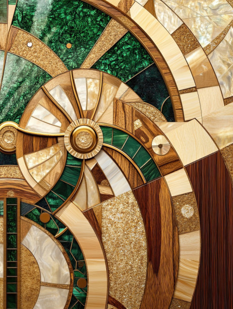 A waterwheel with brass and wood grain inlays turning in a gentle stream