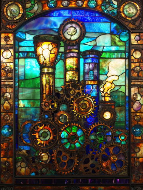Gears and smokestacks in fiery hues Gears and smokestacks in fiery hues