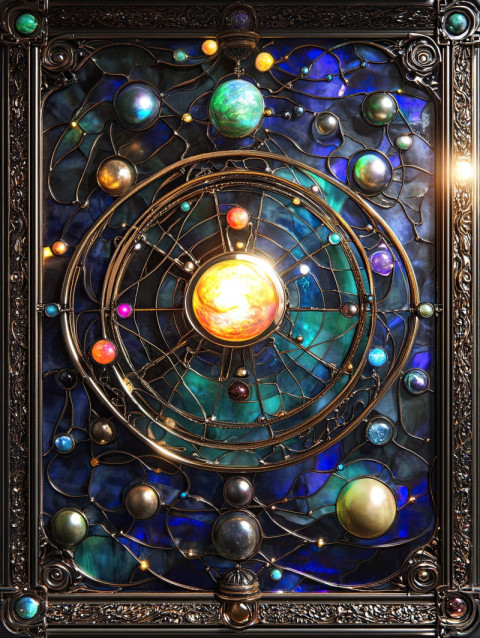 Celestial orrery with glowing planets