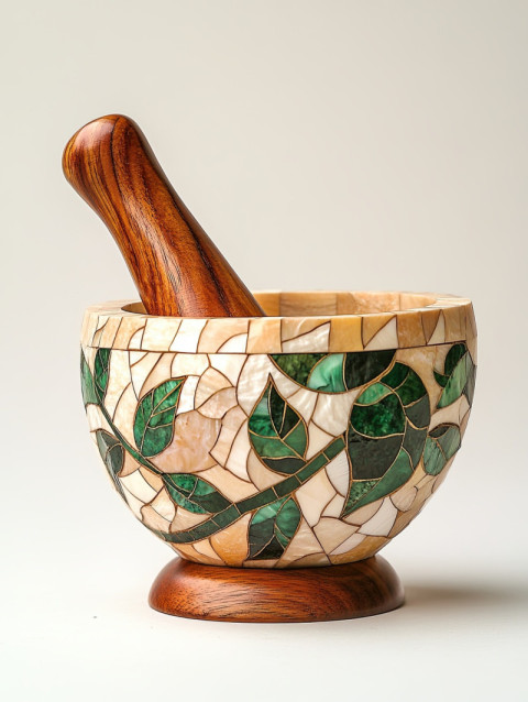 A mortar and pestle adorned with herbal vine inlays