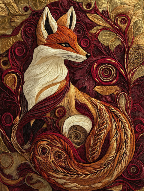 A curled fox with flowing soutache swirls and loops A curled fox with flowing soutache swirls and loops
