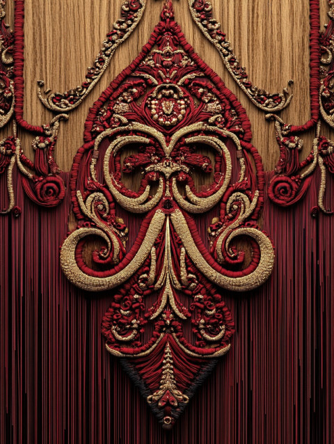 A rustic wooden cabin framed with layered soutache borders A rustic wooden cabin framed with layered soutache borders