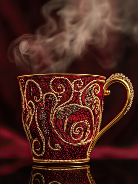 A steaming cup decorated with soutache embroidery style accents A steaming cup decorated with soutache embroidery style accents