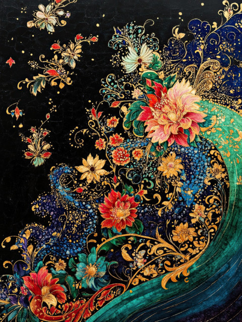 Mythical sea in palekh painting with swirling waves Mythical sea in palekh painting with swirling waves