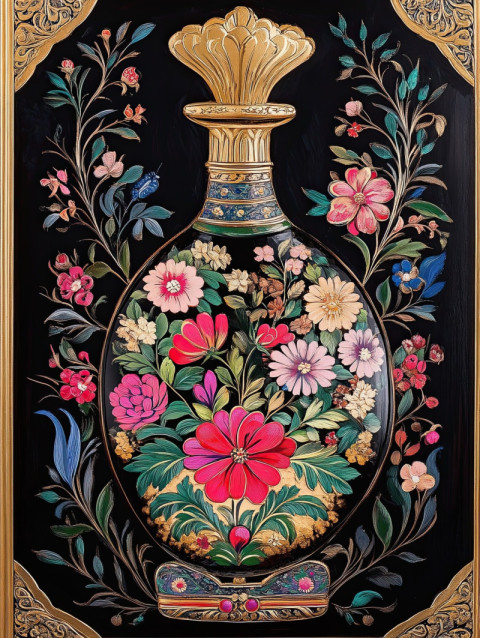 Herbal elixir in palekh artwork with ornate bottles Herbal elixir in palekh artwork with ornate bottles