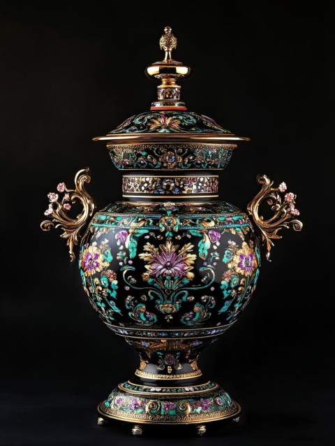 Ornate samovar in palekh painting with gold filigree Ornate samovar in palekh painting with gold filigree