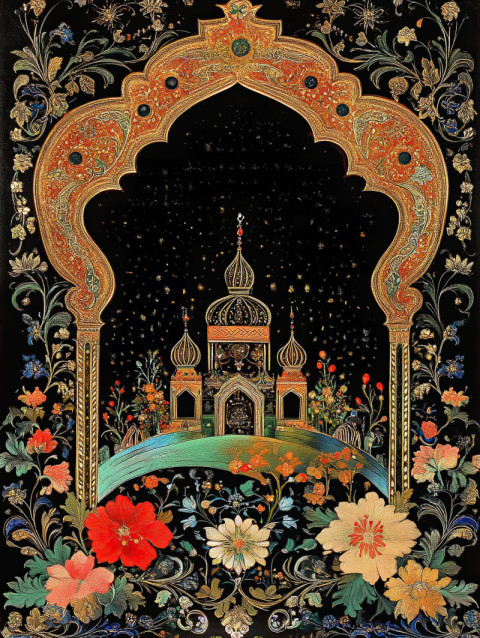 Cosmic scene in palekh miniature with glowing planets Cosmic scene in palekh miniature with glowing planets