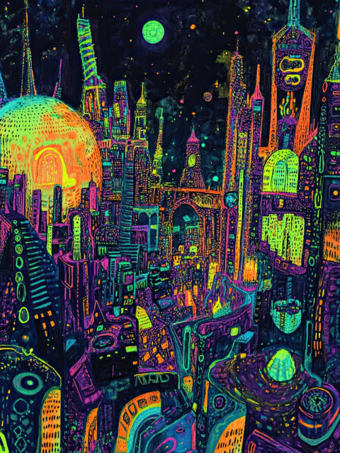 Detailed cityscape in fine linework