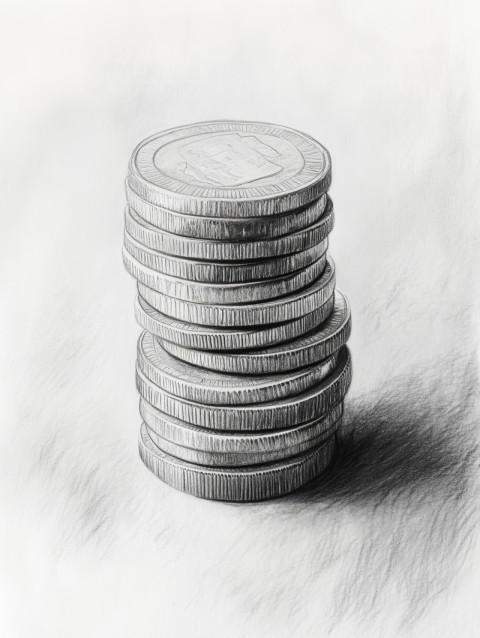 Stacked coins in fine pencil drawing Stacked coins in fine pencil drawing