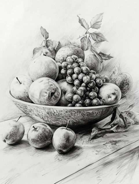 Still life fruit in pencil shading Still life fruit in pencil shading, featuring apples, pears, and grapes with soft light reflections, drawn with sketching pencils and graphite pencil for realism