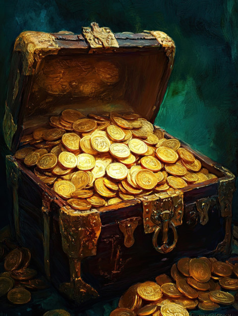 Golden coins spill from an open wooden chest Golden coins spill from an open wooden chest