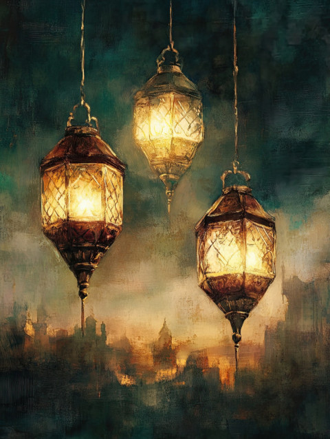 Lanterns float in a twilight sky Lanterns float in a twilight sky