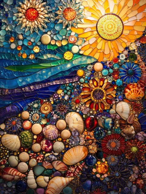 Sunset casting golden hues over a shore covered in seashells Sunset casting golden hues over a shore covered in seashells