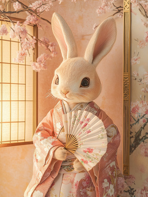 A rabbit wearing a colorful kimono holds a folding fan A rabbit wearing a colorful kimono holds a folding fan