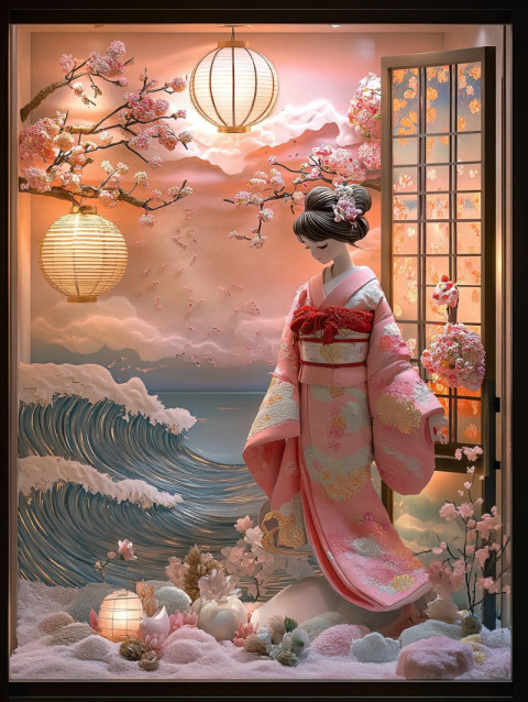A kimono clad girl plays near ocean waves A kimono clad girl plays near ocean waves