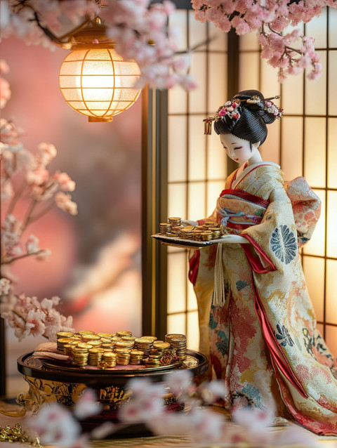 A merchant doll counts gold coins on a tray A merchant doll counts gold coins on a tray